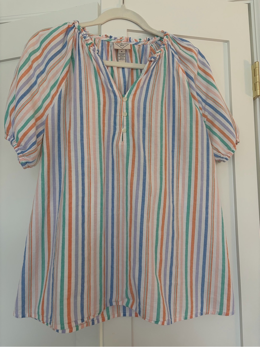 St. John’s Bay Stripe Button Peasant Prairie Top Pastel | Cotton & Linen | M